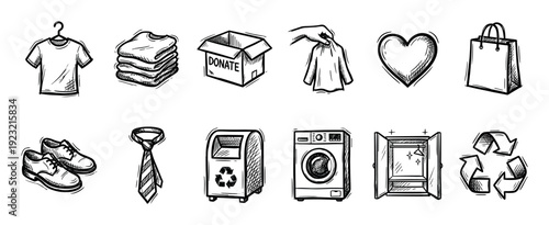 Hand drawn clothes donation and recycling icons set with a donation box, t-shirt, laundry machine, and sustainability symbols in a black and white sketch style isolated on white