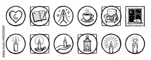 Collection of twelve hand-drawn hygge icons depicting comfort, spirituality, and relaxation in a black and white sketch style, isolated on a white background