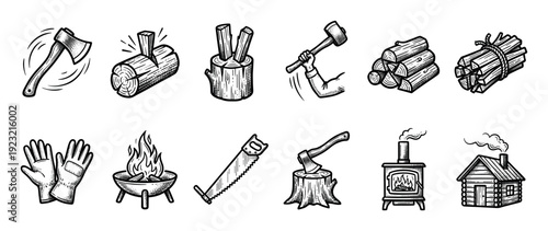 Vintage firewood and logging icon set hand-drawn in a retro woodcut style, showing an axe, saw, log cabin, stove, campfire, and lumberjack equipment, isolated on white