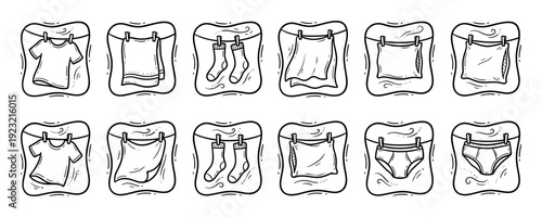 Hand-drawn laundry icons set with clothes hanging on a clothesline to dry, featuring t-shirts, socks, and underwear in a doodle sketch style isolated on a white background
