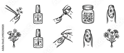 Set of hand-drawn floral manicure icons showing the nail art process with flowers, polish, and tools in a sketch doodle style, isolated on a white background