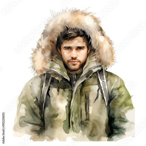 Man in olive green winter parka with fur hood watercolor portrait