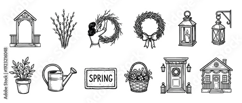 Collection of hand-drawn spring themed illustrations featuring a wreath, house, lantern, and gardening tools in a rustic sketch style, isolated on a white background