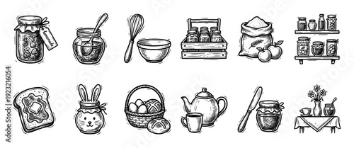 Hand-drawn sketch illustration set of homemade food and kitchen items like jam, bread, eggs, and tea, a vintage doodle collection for breakfast and pantry concepts isolated on white