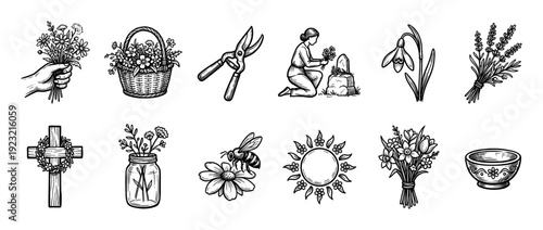 Set of hand-drawn black ink illustrations featuring spring and gardening elements like flowers, a bee, a basket, and memorial symbols, in a vintage sketch style isolated on white