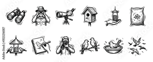 Set of hand-drawn birdwatching icons in a black and white sketch style, featuring binoculars, a birdhouse, feeders, and a photographer, isolated on a white background