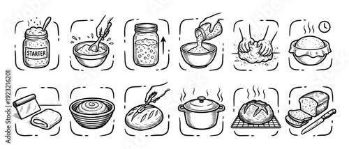 Hand-drawn sourdough bread making process icons set showing starter, kneading, proofing, baking, and slicing in a vintage sketch style isolated on white background