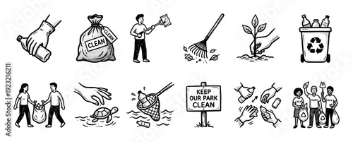 Hand-drawn icon set for environmental volunteering showing people cleaning up trash, recycling plastic, and planting trees in a vintage sketch style isolated on white