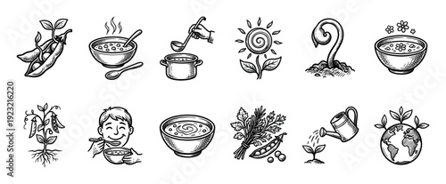 Set of black and white pea icons in a hand drawn sketch style illustrating the life cycle from planting and growing to cooking and eating hot soup isolated on white