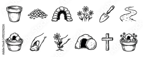 Hand drawn resurrection garden icon set showing craft elements like a pot, empty tomb, cross, and flowers in a black and white sketch style, isolated on a white background