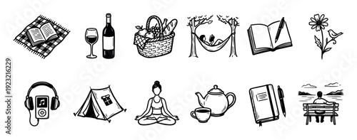 Hand-drawn doodle icon set for relaxation and leisure activities like picnic, reading, camping, and meditation, a black and white sketch illustration collection isolated on a white background