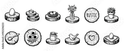 Set of rustic hand-drawn illustrations featuring natural elements like eggs, nests, and flowers on wood slices in a vintage engraving style, isolated on a white background