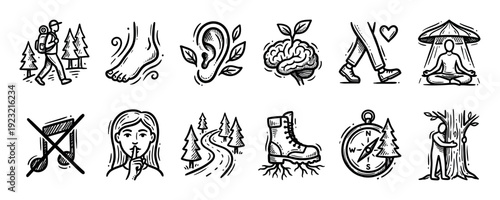 Set of hand-drawn black and white icons for forest bathing, mindfulness, and hiking, including symbols for silence, meditation, and nature connection in a sketch style on white
