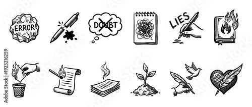 Set of hand-drawn black ink icons representing writing, creativity, error, doubt, censorship, and inspiration, drawn in a sketchy doodle style isolated on a white background