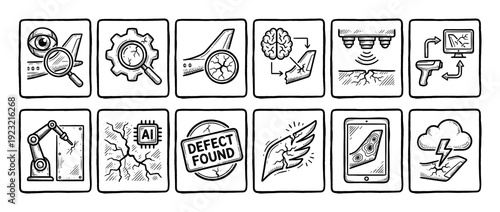 Collection of twelve sketch style icons representing defect detection, quality control, and non-destructive testing using AI, robotics, and scanning, isolated on a white background
