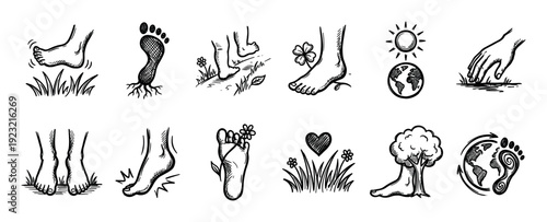 Hand-drawn grounding and earthing icon set with bare feet on grass, nature symbols, and ecological doodles in a monochrome sketch style, isolated on a white background