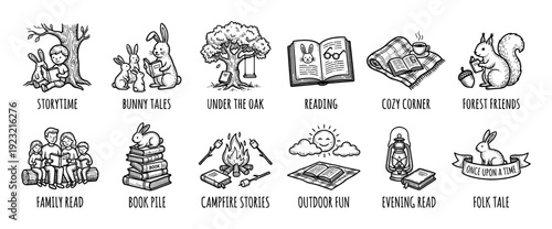 Collection of hand-drawn black and white icons depicting reading and storytelling themes like family time, forest animals, and cozy campfire scenes, isolated on a white background