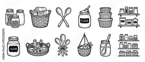 Hand-drawn kitchen and pantry items set with jars, baskets, spoons, and shelves in a vintage sketch style, isolated on a white background