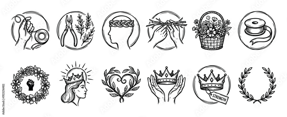 Obraz premium Set of hand-drawn black and white icons illustrating female strength, royalty, and nature, featuring symbols like a crown, floral wreath, raised fist, and crafting hands in a sketch style