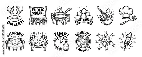 Hand-drawn black and white icon set illustrating a world record attempt for the largest omelet, with doodle-style images of cooking, community, sharing, and celebration isolated on white
