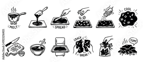 Hand-drawn recipe instructions for making chocolate bark showing the step-by-step process from melting to breaking, a monochrome doodle vector illustration set isolated on white background