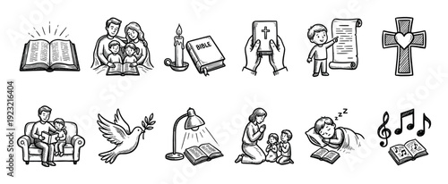 Set of hand-drawn Christian religious icons showing family, prayer, bible reading, and faith symbols in a black and white doodle style, isolated on a white background