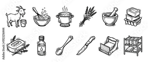 Hand-drawn soap making icon set sketch collection showing ingredients and tools for handmade natural cosmetics, isolated on a white background