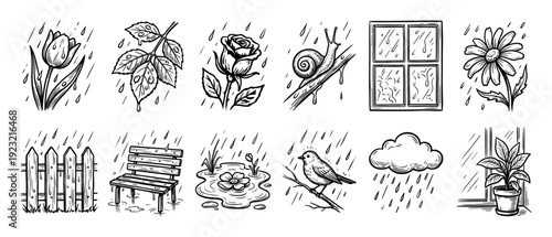 Set of hand-drawn rainy day icons featuring flowers, a bird, snail, bench, and window in a black and white sketch style isolated on a white background