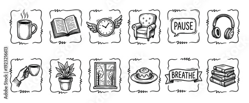Hand-drawn doodle icon set for relaxation with coffee, a book, an armchair, and headphones for mindfulness and self-care concepts, isolated on a white background