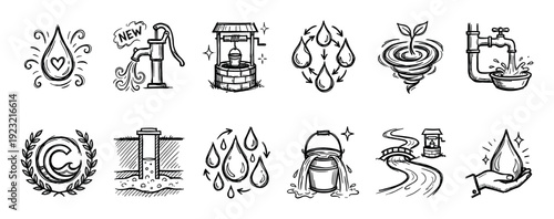 Hand-drawn water icon set in sketch style representing conservation, purity, and natural sources like wells, pumps, and drops, isolated on a white background for design
