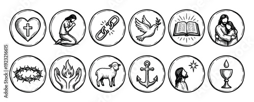 Set of hand-drawn Christian religious icons featuring a cross, dove, lamb, anchor, and other biblical symbols in a black and white sketch style isolated on a white background