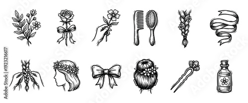 Set of hand-drawn black and white illustrations featuring hair styling tools, hairstyles, flowers, and beauty accessories in a vintage sketch style, isolated on a white background