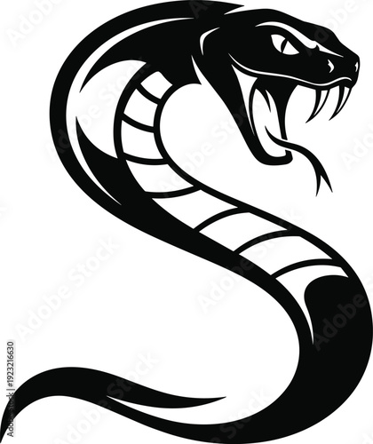 Stylized snake silhouette coiled in S shape, bold aggressive reptile design, wild animal emblem illustration, vector art element