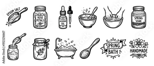 Black and white sketch illustrations of homemade bath products including salt, oil, and petals in a doodle style icon set for natural beauty and self-care concepts, isolated on white