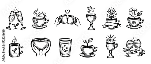 Hand-drawn set of symbolic hope and faith icons featuring coffee cups, wine glasses, chalices, doves, and sprouts in a black and white sketch style isolated on a white background
