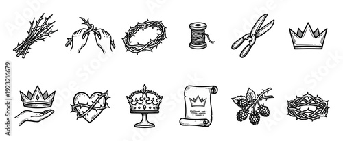 Hand-drawn black and white religious icon set with a crown of thorns, heart, and scroll in a vintage engraving style, isolated on a white background for design elements
