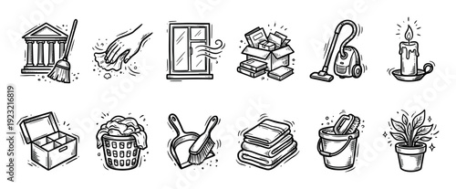 Hand-drawn cleaning and household chore icons set in a black and white doodle style, featuring a vacuum, broom, laundry, and other domestic items isolated on a white background
