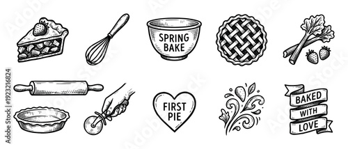 Set of hand-drawn baking illustrations featuring pie, rolling pin, whisk, and lettering in a vintage sketch style, perfect for bakery or recipe designs, isolated on white