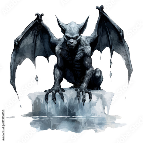 Gothic gargoyle statue on ice block watercolor illustration