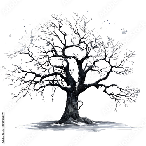 Dead bare tree in winter watercolor ink splatter illustration