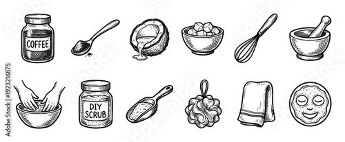 Hand-drawn sketch illustration set of DIY scrub ingredients like coffee, coconut, sugar, and spa accessories for homemade skincare, isolated on a white background