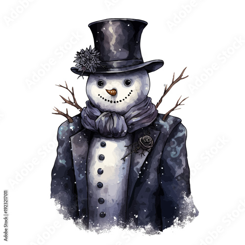Watercolor Gothic Snowman Clipart in Black Top Hat and Formal Victorian Tailcoat - Dark Winter Fantasy Illustration