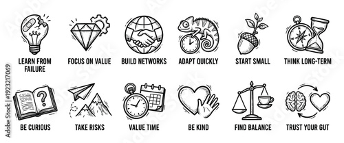 Hand-drawn motivational icons set with business concepts for personal development and success, presented in a vintage sketch style on a white background