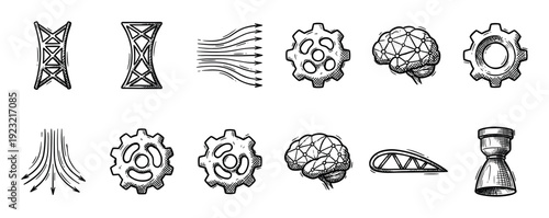 Hand-drawn engineering and science icon set with sketch-style illustrations of gears, brains, trusses, and a rocket engine, representing technology and innovation isolated on white