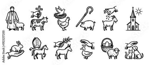Set of black and white Christian icons featuring animals, a priest, a church, and religious symbols in a hand-drawn sketch style isolated on a white background