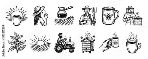 Hand-drawn set of coffee and agriculture icons featuring farmers, beekeepers, coffee plants, and mugs in a detailed black and white engraving style, isolated on a white background