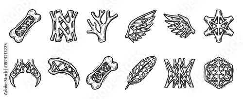 Collection of hand-drawn abstract objects with complex lattice structures, including bone, wing, and geometric shapes, in a black and white engraving style isolated on white