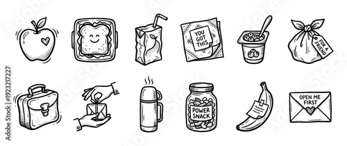 Hand drawn doodle icon set of lunchbox items including a sandwich, apple, juice, and motivational notes in a cute sketch style, isolated on a white background