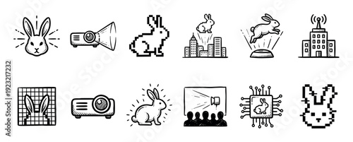 Hand-drawn black and white doodle icon set with rabbits, technology, projectors, and pixel art, illustrating concepts of virtual reality, cyber themes, and modern communication