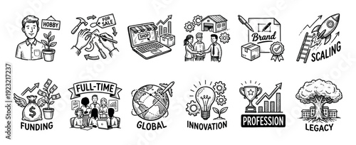 Set of twelve hand-drawn business icons illustrating the stages of company growth from hobby to global legacy, including funding, scaling, and innovation, isolated on white